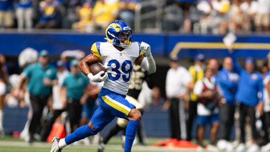 Los Angeles Rams defensive back Alex Cook (39) runs to the end zone for a touchdown during an NFL preseason game between the New Orleans Saints and Los Angeles Rams on Saturday, August 22, 2026 at SoFi Stadium in Inglewood, California. Los Angeles Rams defensive back Alex Cook (39) runs to the end zone for a touchdown during an NFL preseason game between the New Orleans Saints and Los Angeles Rams on Saturday, August 22, 2026 at SoFi Stadium in Inglewood, California.
