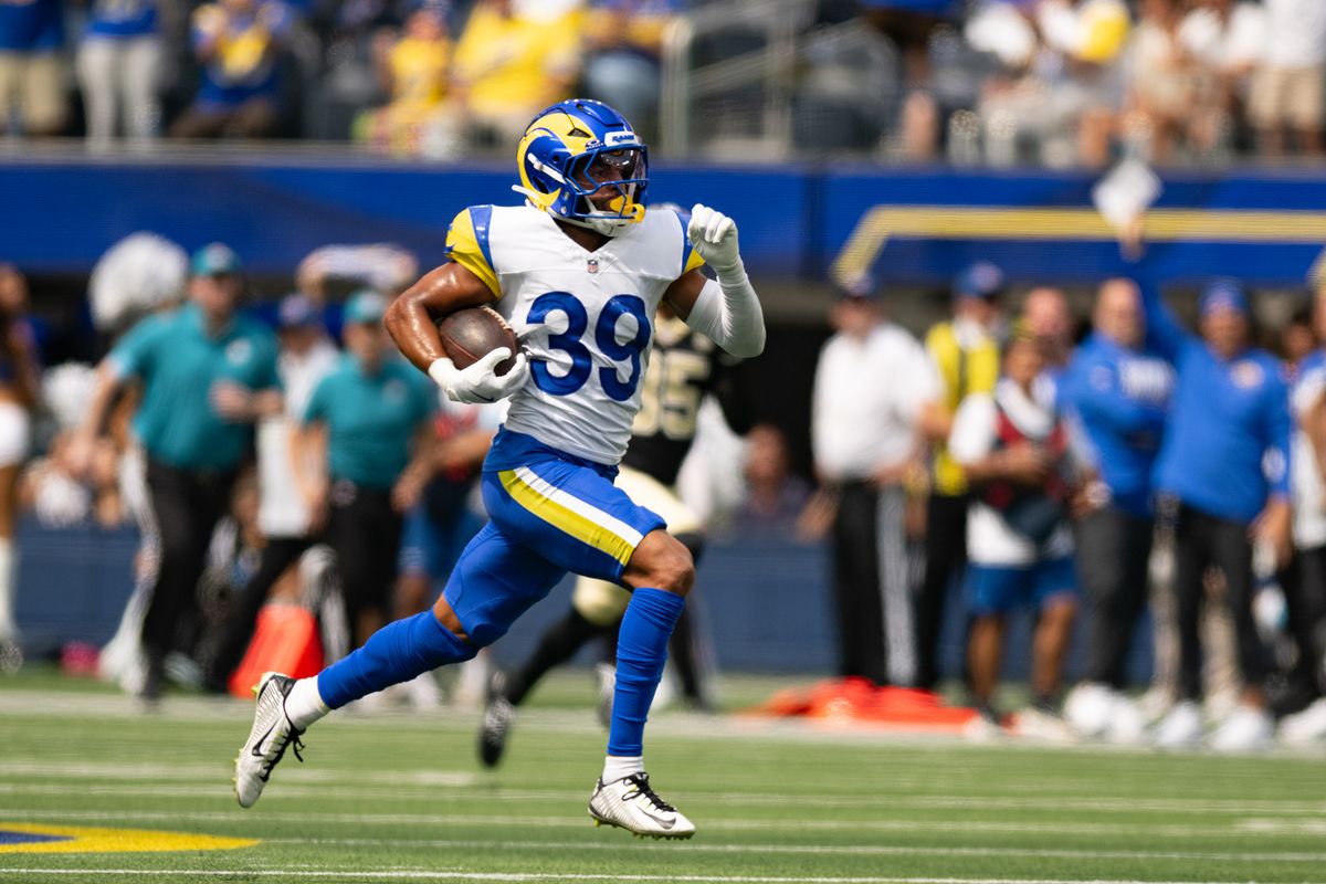 Los Angeles Rams defensive back Alex Cook (39) runs to the end zone for a touchdown during an NFL preseason game between the New Orleans Saints and Los Angeles Rams on Saturday, August 22, 2026 at SoFi Stadium in Inglewood, California. Los Angeles Rams defensive back Alex Cook (39) runs to the end zone for a touchdown during an NFL preseason game between the New Orleans Saints and Los Angeles Rams on Saturday, August 22, 2026 at SoFi Stadium in Inglewood, California.