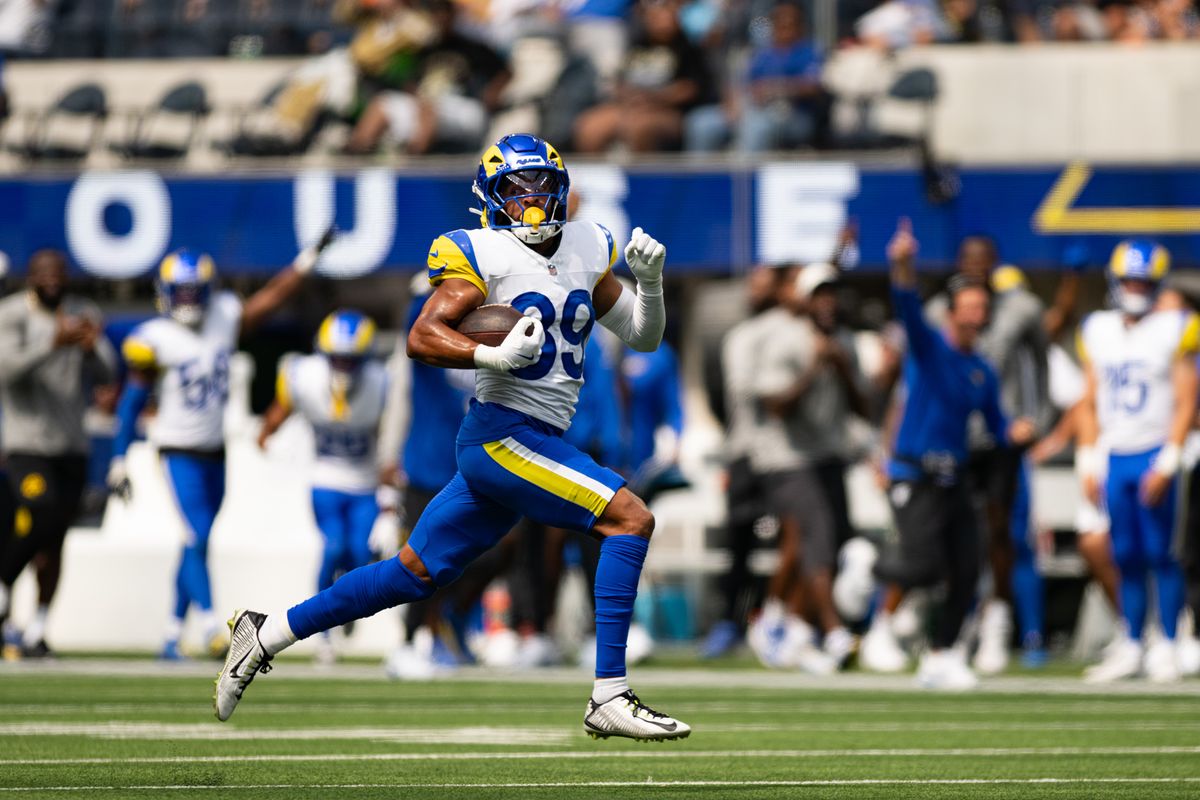 Los Angeles Rams defensive back Alex Cook (39) runs to the end zone for a touchdown during an NFL preseason game between the New Orleans Saints and Los Angeles Rams on Saturday, August 22, 2026 at SoFi Stadium in Inglewood, California. Los Angeles Rams defensive back Alex Cook (39) runs to the end zone for a touchdown during an NFL preseason game between the New Orleans Saints and Los Angeles Rams on Saturday, August 22, 2026 at SoFi Stadium in Inglewood, California.