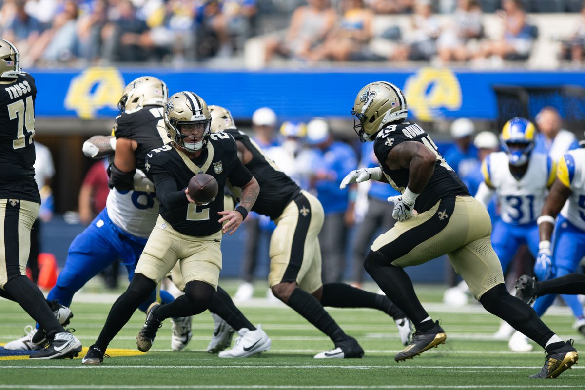 New Orleans Saints quarterback Spencer Rattler (2) hands the ball off during an NFL preseason game between the New Orleans Saints and Los Angeles Rams on Saturday, August 22, 2026 at SoFi Stadium in Inglewood, California. New Orleans Saints quarterback Spencer Rattler (2) hands the ball off during an NFL preseason game between the New Orleans Saints and Los Angeles Rams on Saturday, August 22, 2026 at SoFi Stadium in Inglewood, California.