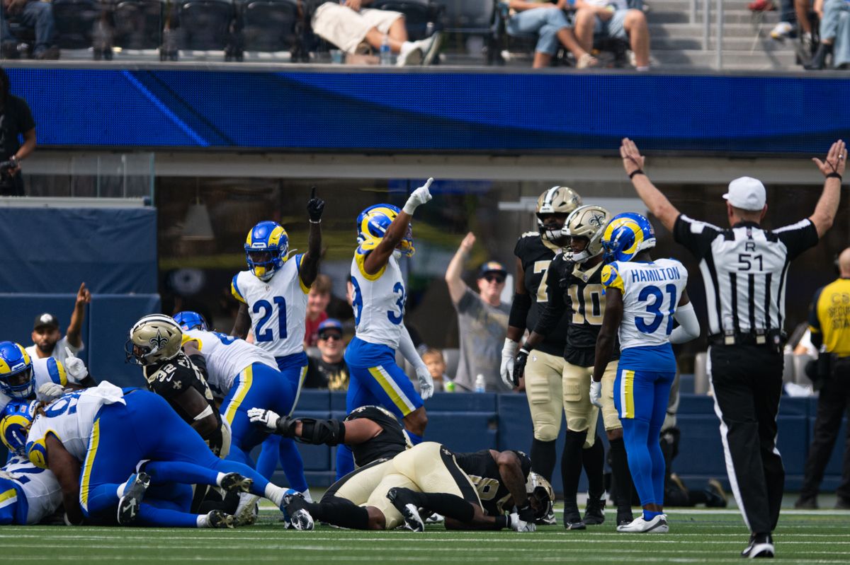 The New Orlean Saints fumbles the ball near the end zone during an NFL preseason game between the New Orleans Saints and Los Angeles Rams on Saturday, August 22, 2026 at SoFi Stadium in Inglewood, California. The New Orlean Saints fumbles the ball near the end zone during an NFL preseason game between the New Orleans Saints and Los Angeles Rams on Saturday, August 22, 2026 at SoFi Stadium in Inglewood, California.