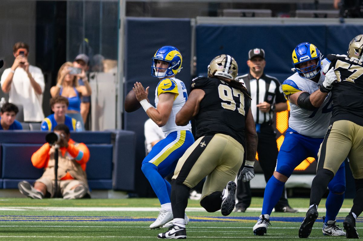 Los Angeles Rams quarterback Ty Simpson (15) looks to make a pass during an NFL preseason game between the New Orleans Saints and Los Angeles Rams on Saturday, August 22, 2026 at SoFi Stadium in Inglewood, California. Los Angeles Rams quarterback Ty Simpson (15) looks to make a pass during an NFL preseason game between the New Orleans Saints and Los Angeles Rams on Saturday, August 22, 2026 at SoFi Stadium in Inglewood, California.