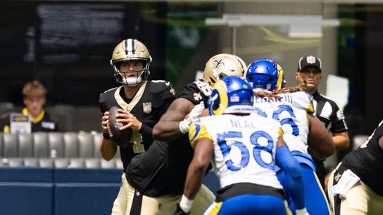 Los Angeles Rams safety Jaylen McCollough (2) sets to throw a pass during an NFL preseason game between the New Orleans Saints and Los Angeles Rams on Saturday, August 22, 2026 at SoFi Stadium in Inglewood, California. Los Angeles Rams safety Jaylen McCollough (2) sets to throw a pass during an NFL preseason game between the New Orleans Saints and Los Angeles Rams on Saturday, August 22, 2026 at SoFi Stadium in Inglewood, California.