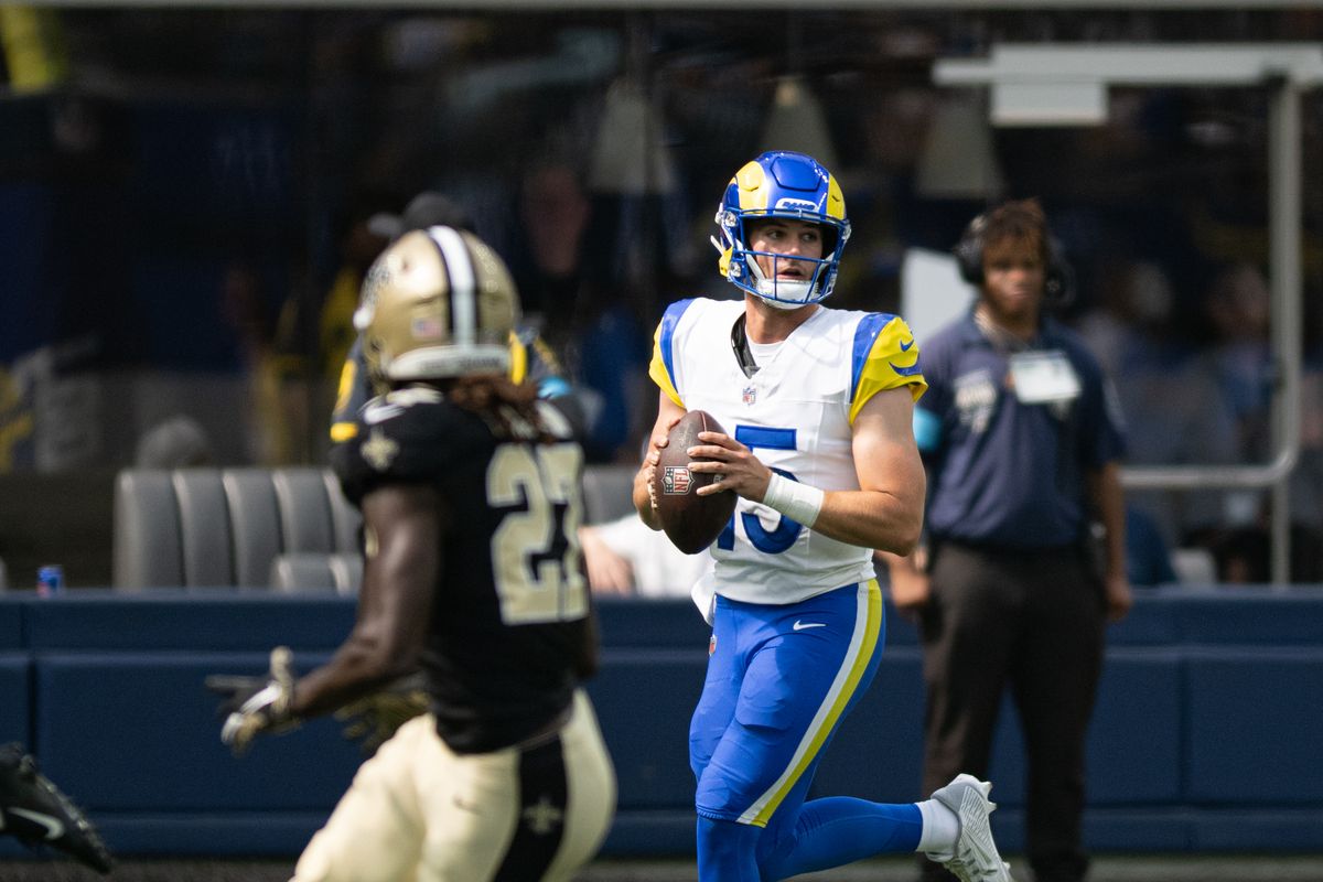 Los Angeles Rams quarterback Ty Simpson (15) looks to make a pass during an NFL preseason game between the New Orleans Saints and Los Angeles Rams on Saturday, August 22, 2026 at SoFi Stadium in Inglewood, California. Los Angeles Rams quarterback Ty Simpson (15) looks to make a pass during an NFL preseason game between the New Orleans Saints and Los Angeles Rams on Saturday, August 22, 2026 at SoFi Stadium in Inglewood, California.