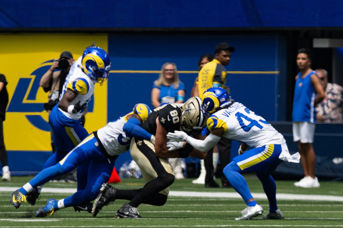 New Orleans Saints tight end Moliki Matavao (80) gets tackled during an NFL preseason game between the New Orleans Saints and Los Angeles Rams on Saturday, August 22, 2026 at SoFi Stadium in Inglewood, California. New Orleans Saints tight end Moliki Matavao (80) gets tackled during an NFL preseason game between the New Orleans Saints and Los Angeles Rams on Saturday, August 22, 2026 at SoFi Stadium in Inglewood, California.
