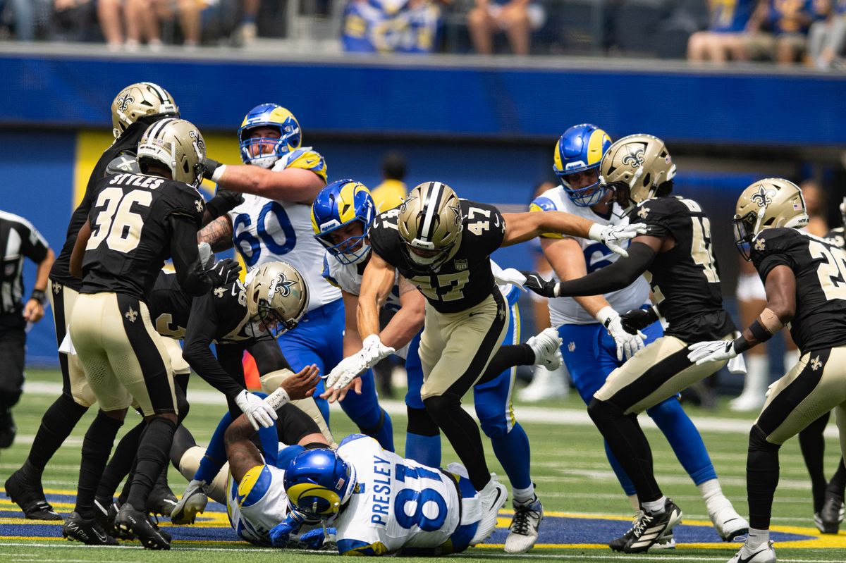 Players get tangled up during an NFL preseason game between the New Orleans Saints and Los Angeles Rams on Saturday, August 22, 2026 at SoFi Stadium in Inglewood, California. Players get tangled up during an NFL preseason game between the New Orleans Saints and Los Angeles Rams on Saturday, August 22, 2026 at SoFi Stadium in Inglewood, California.