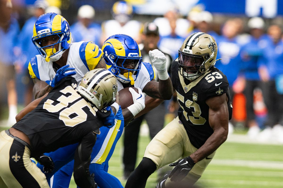Los Angeles Rams cornerback Trent McDuffie (22) runs through the defense during an NFL preseason game between the New Orleans Saints and Los Angeles Rams on Saturday, August 22, 2026 at SoFi Stadium in Inglewood, California. Los Angeles Rams cornerback Trent McDuffie (22) runs through the defense during an NFL preseason game between the New Orleans Saints and Los Angeles Rams on Saturday, August 22, 2026 at SoFi Stadium in Inglewood, California.