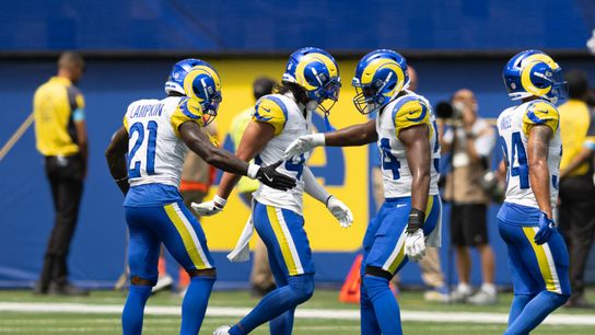 Los Angeles Rams cornerback Cam Lampkin (21) daps up with teammates during an NFL preseason game between the New Orleans Saints and Los Angeles Rams on Saturday, August 22, 2026 at SoFi Stadium in Inglewood, California. Los Angeles Rams cornerback Cam Lampkin (21) daps up with teammates during an NFL preseason game between the New Orleans Saints and Los Angeles Rams on Saturday, August 22, 2026 at SoFi Stadium in Inglewood, California.
