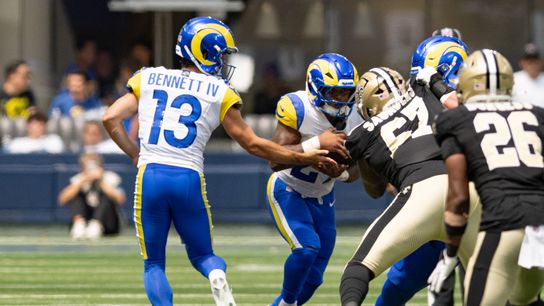 Los Angeles Rams quarterback Stetson Bennett IV (13) hands the ball off during an NFL preseason game between the New Orleans Saints and Los Angeles Rams on Saturday, August 22, 2026 at SoFi Stadium in Inglewood, California. Los Angeles Rams quarterback Stetson Bennett IV (13) hands the ball off during an NFL preseason game between the New Orleans Saints and Los Angeles Rams on Saturday, August 22, 2026 at SoFi Stadium in Inglewood, California.
