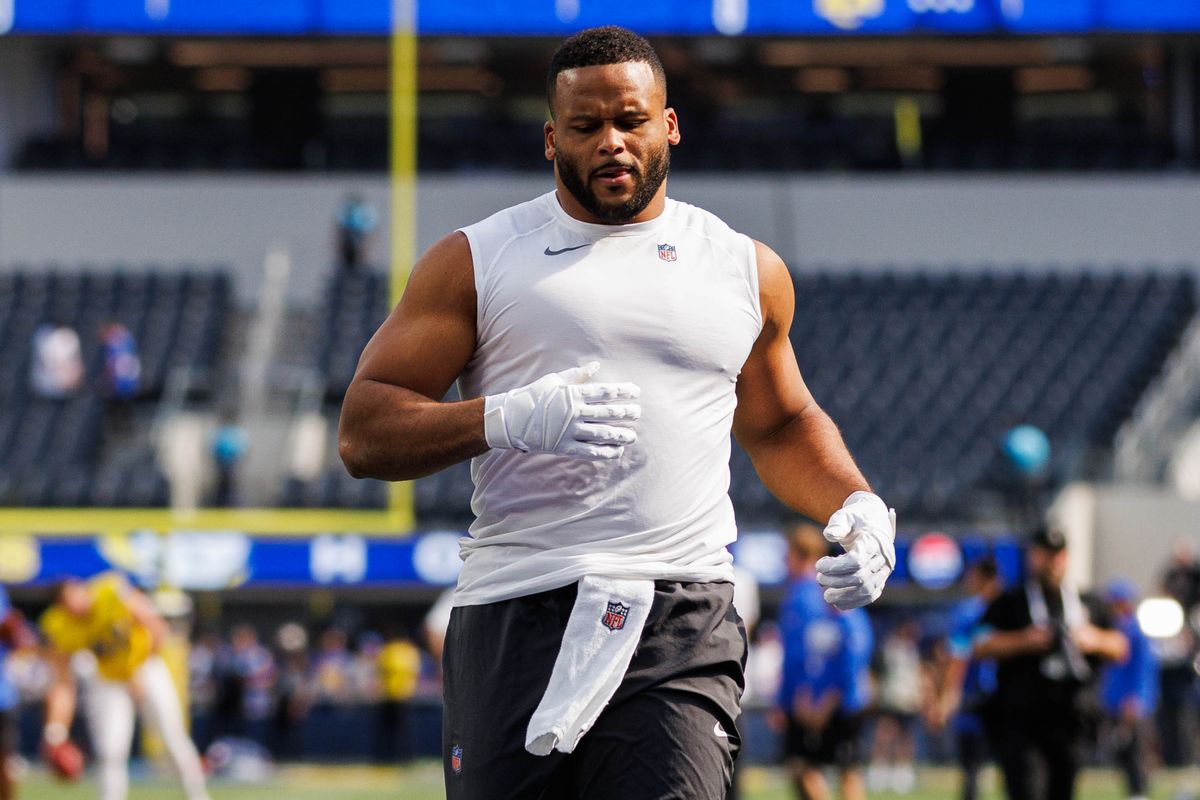 Aaron Donald #99 of the Los Angeles Rams warms up before an NFL game against the New York Giants on September 21, 2026 at SoFi Stadium in Los Angeles, California. Aaron Donald #99 of the Los Angeles Rams warms up before an NFL game against the New York Giants on September 21, 2026 at SoFi Stadium in Los Angeles, California.