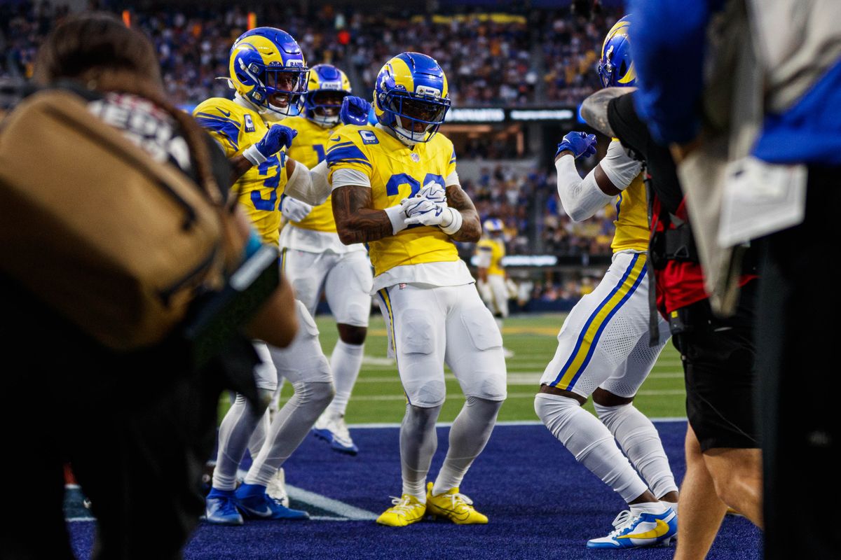 Trent McDuffie #22 of the Los Angeles Rams celebrates after an interception during an NFL game against the New York Giants on September 21, 2026 at SoFi Stadium in Los Angeles, California. Trent McDuffie #22 of the Los Angeles Rams celebrates after an interception during an NFL game against the New York Giants on September 21, 2026 at SoFi Stadium in Los Angeles, California.