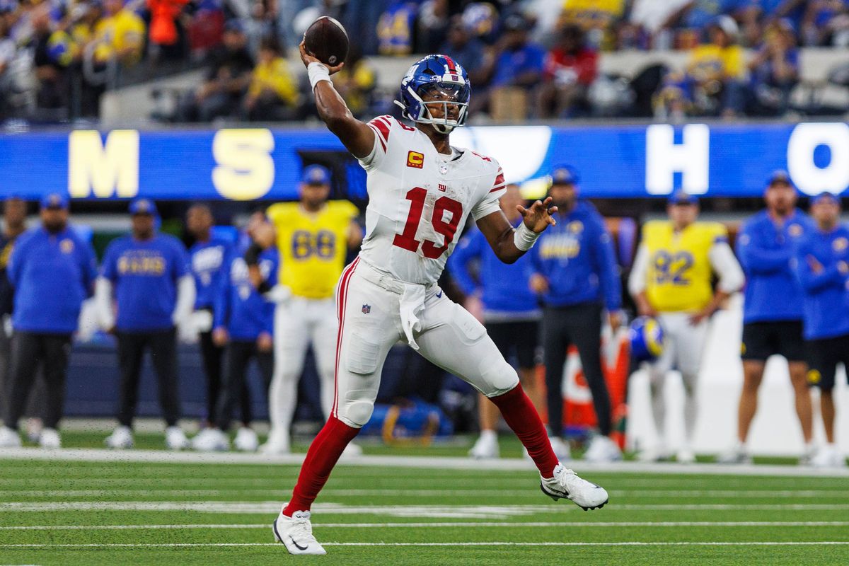 Jameis Winston #19 of the New York Giants throws the ball during an NFL game against the Los Angeles Rams on September 21, 2026 at SoFi Stadium in Los Angeles, California. Jameis Winston #19 of the New York Giants throws the ball during an NFL game against the Los Angeles Rams on September 21, 2026 at SoFi Stadium in Los Angeles, California.