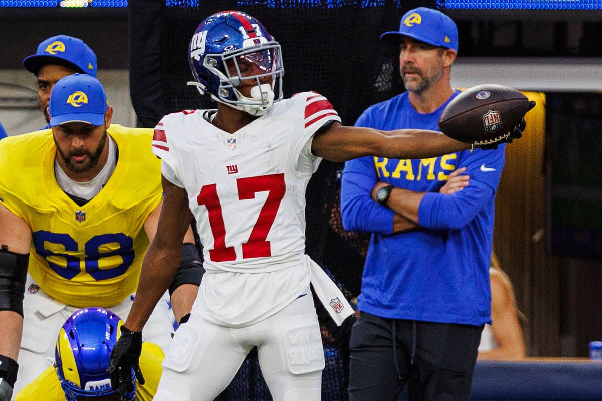 Darnell Mooney #17 of the New York Giants celebrates a first down during an NFL game against the Los Angeles Rams on September 21, 2026 at SoFi Stadium in Los Angeles, California. Darnell Mooney #17 of the New York Giants celebrates a first down during an NFL game against the Los Angeles Rams on September 21, 2026 at SoFi Stadium in Los Angeles, California.