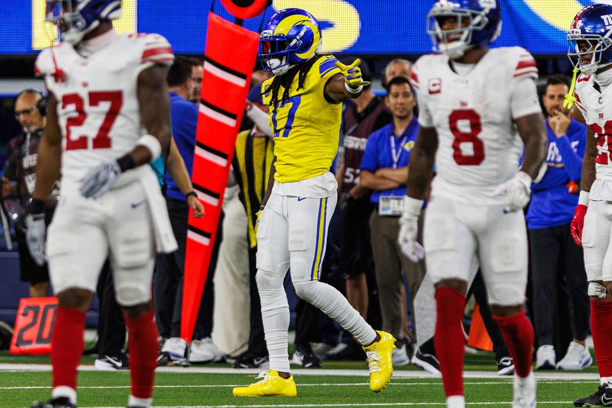 Davante Adams #17 of the Los Angeles Rams celebrates a first down during an NFL game against the New York Giants on September 21, 2026 at SoFi Stadium in Inglewood, California. Davante Adams #17 of the Los Angeles Rams celebrates a first down during an NFL game against the New York Giants on September 21, 2026 at SoFi Stadium in Inglewood, California.