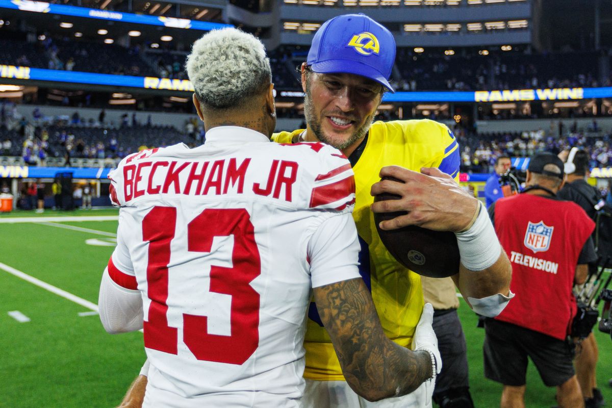 Matthew Stafford #9 of the Los Angeles Rams hugs Odell Beckham Jr. #13 of the New York Giants after an NFL game against the New York Giants on September 21, 2026 at SoFi Stadium in Inglewood, California. Matthew Stafford #9 of the Los Angeles Rams hugs Odell Beckham Jr. #13 of the New York Giants after an NFL game against the New York Giants on September 21, 2026 at SoFi Stadium in Inglewood, California.