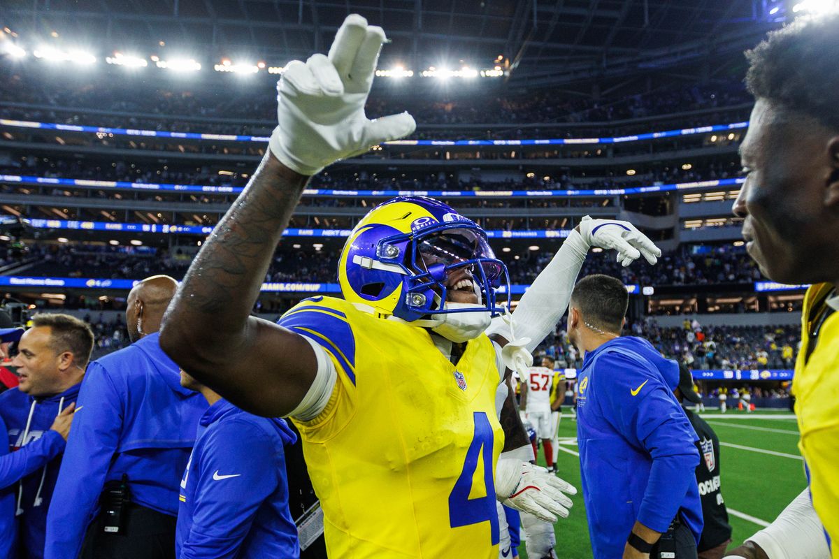 Konata Mumpfield #4 of the Los Angeles Rams celebrates a win after an NFL game against the New York Giants on September 21, 2026 at SoFi Stadium in Inglewood, California. Konata Mumpfield #4 of the Los Angeles Rams celebrates a win after an NFL game against the New York Giants on September 21, 2026 at SoFi Stadium in Inglewood, California.