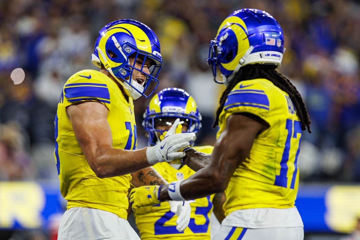 Terrance Ferguson #18 of the Los Angeles Rams celebrates a touchdown during an NFL game against the New York Giants on September 21, 2026 at SoFi Stadium in Inglewood, California. Terrance Ferguson #18 of the Los Angeles Rams celebrates a touchdown during an NFL game against the New York Giants on September 21, 2026 at SoFi Stadium in Inglewood, California.