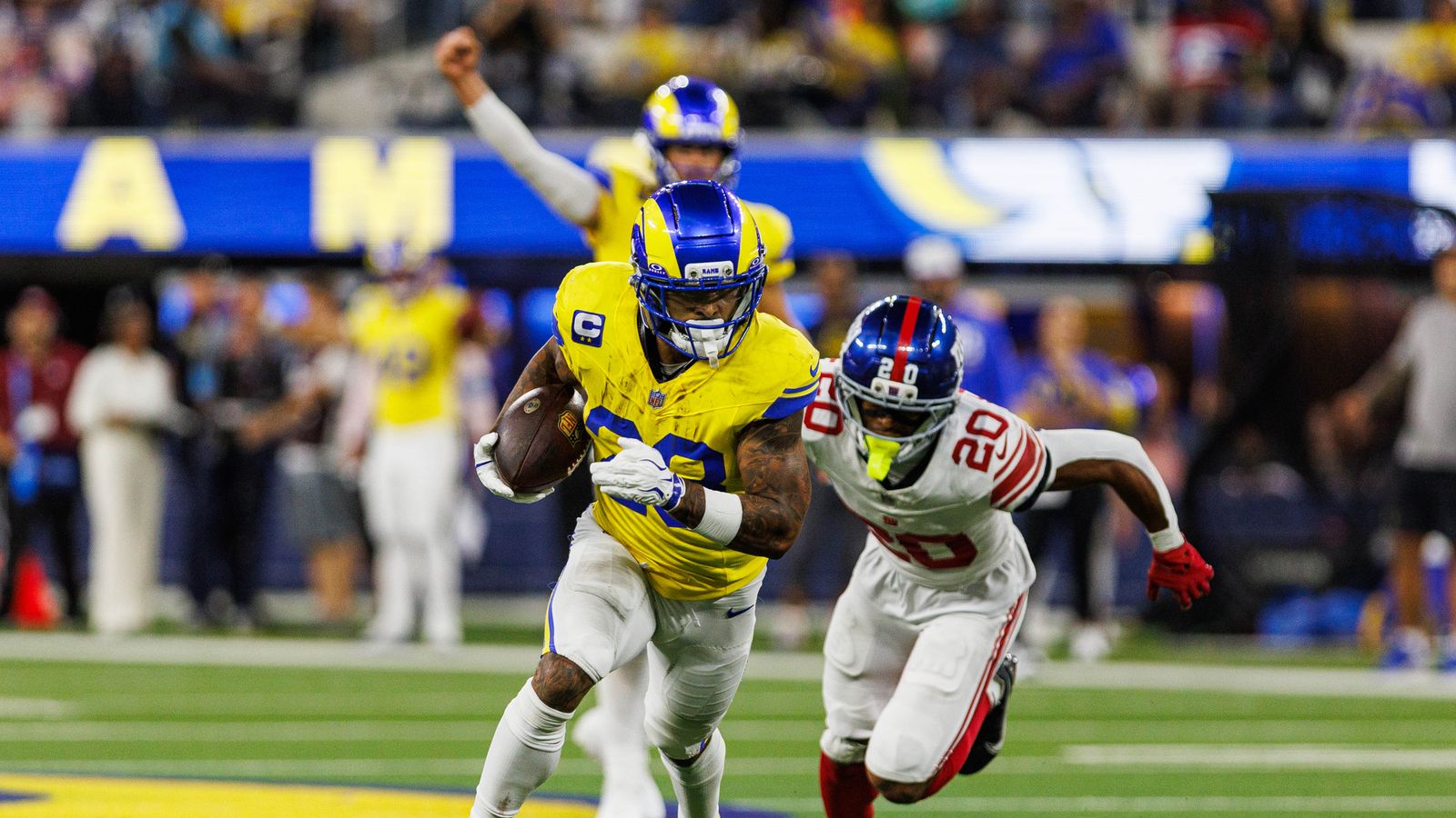 Kyren Williams #23 of the Los Angeles Rams runs with the ball during an NFL game against the New York Giants on September 21, 2026 at SoFi Stadium in Inglewood, California. Kyren Williams #23 of the Los Angeles Rams runs with the ball during an NFL game against the New York Giants on September 21, 2026 at SoFi Stadium in Inglewood, California.