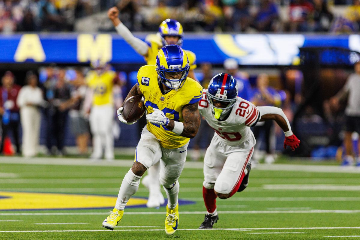 Kyren Williams #23 of the Los Angeles Rams runs with the ball during an NFL game against the New York Giants on September 21, 2026 at SoFi Stadium in Inglewood, California. Kyren Williams #23 of the Los Angeles Rams runs with the ball during an NFL game against the New York Giants on September 21, 2026 at SoFi Stadium in Inglewood, California.