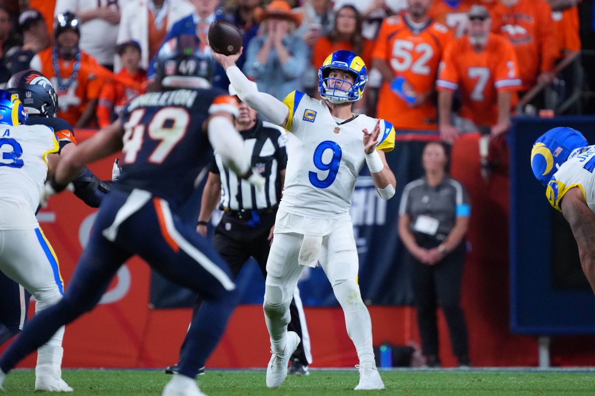Los Angeles Rams quarterback Matthew Stafford #9 throws the football during an NFL football game against the Denver Broncos, on Sunday September 27, 2026 in Denver, CO. Los Angeles Rams quarterback Matthew Stafford #9 throws the football during an NFL football game against the Denver Broncos, on Sunday September 27, 2026 in Denver, CO.