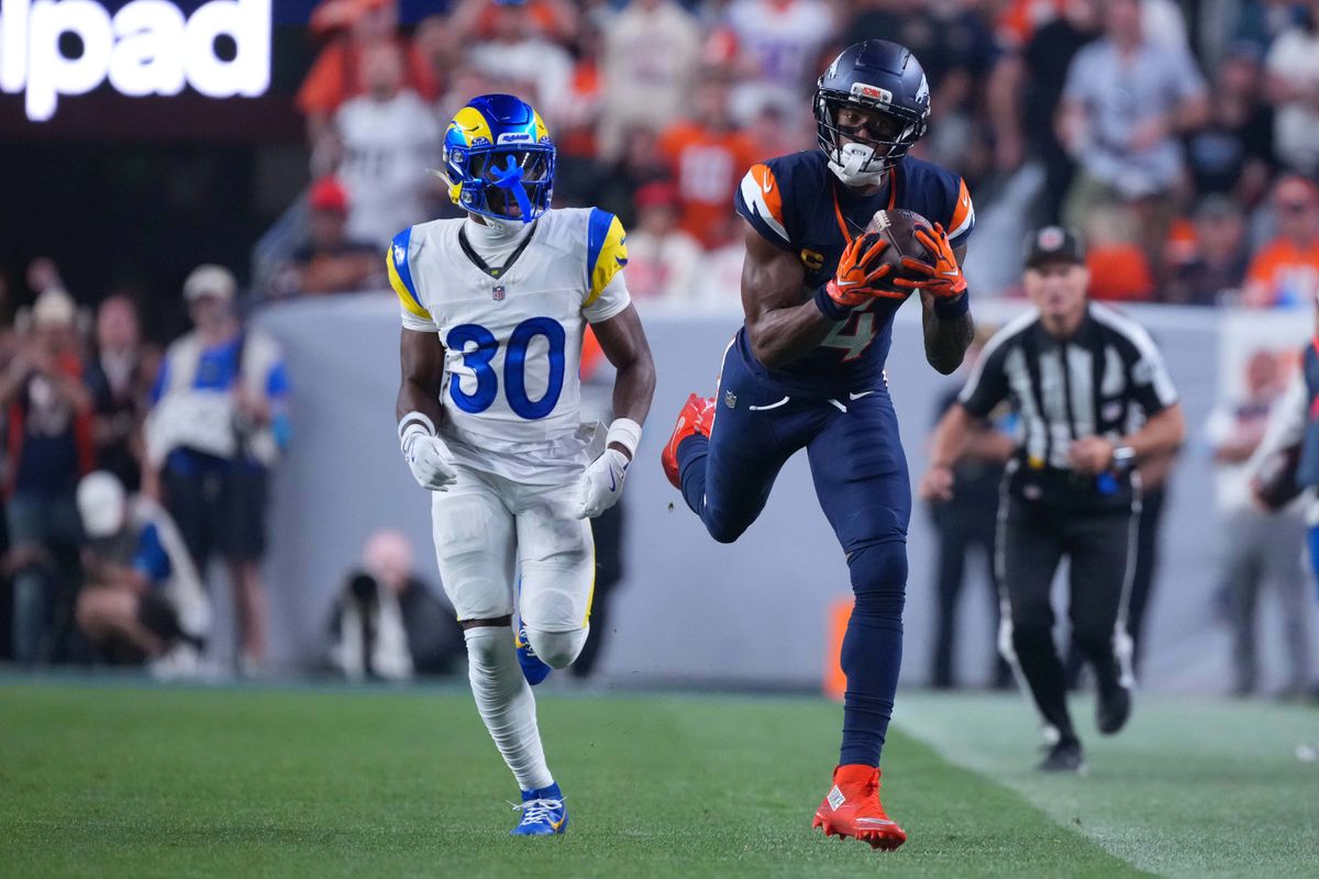 Denver Broncos wide receiver Courtland Sutton #14 catches the football during an NFL football game against the Los Angeles Rams, on Sunday September 27, 2026 in Denver, CO. Denver Broncos wide receiver Courtland Sutton #14 catches the football during an NFL football game against the Los Angeles Rams, on Sunday September 27, 2026 in Denver, CO.