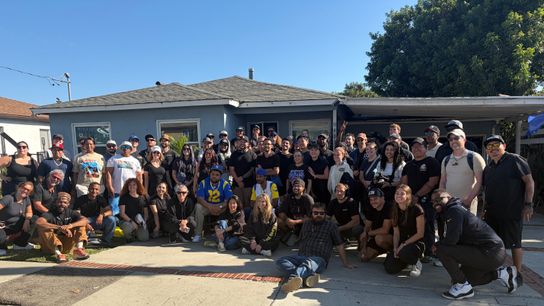 'Thursday' cast and crew gather in front of the iconic 'Friday' home. 'Thursday' cast and crew gather in front of the iconic 'Friday' home.