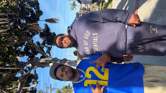 O'Shea Jackson, Jr. and Sam Jones pose on the O'Shea Jackson, Jr. and Sam Jones pose on the