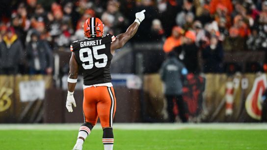 Cleveland Browns defensive end Myles Garrett (95) celebrates after a sack during the first quarter against the Pittsburgh Steelers at Huntington Bank Field. 