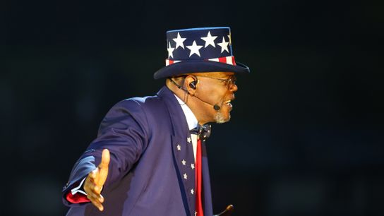 Samuel L. Jackson introduces recording artist Kendrick Lamar performs during the halftime show of Super Bowl LIX between the Philadelphia Eagles and the Kansas City Chiefs at Ceasars Superdome.
