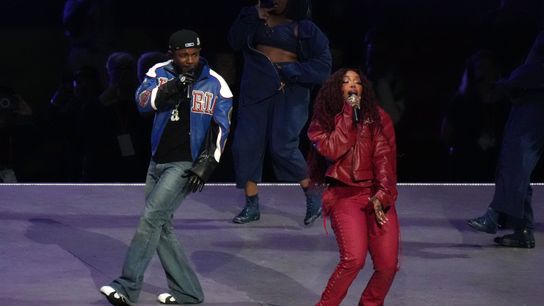 Recording artist SZA and recording artist Kendrick Lamar perform during halftime Super Bowl LIX at Caesars Superdome.