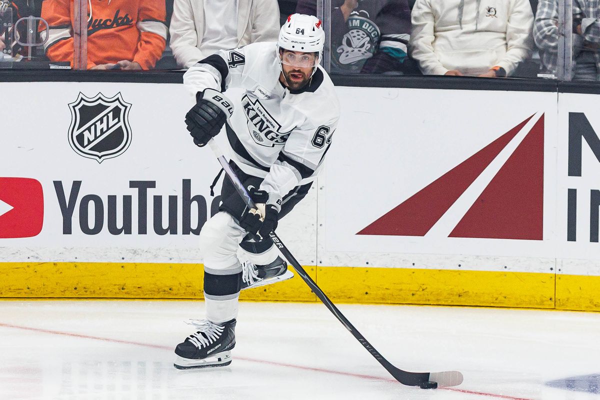 Erik Gustafsson #64 of the Los Angeles Kings looks to pass the puck during an NHL game against the Anaheim Ducks on September 23, 2026 at Honda Center in Anaheim, California. Erik Gustafsson #64 of the Los Angeles Kings looks to pass the puck during an NHL game against the Anaheim Ducks on September 23, 2026 at Honda Center in Anaheim, California.