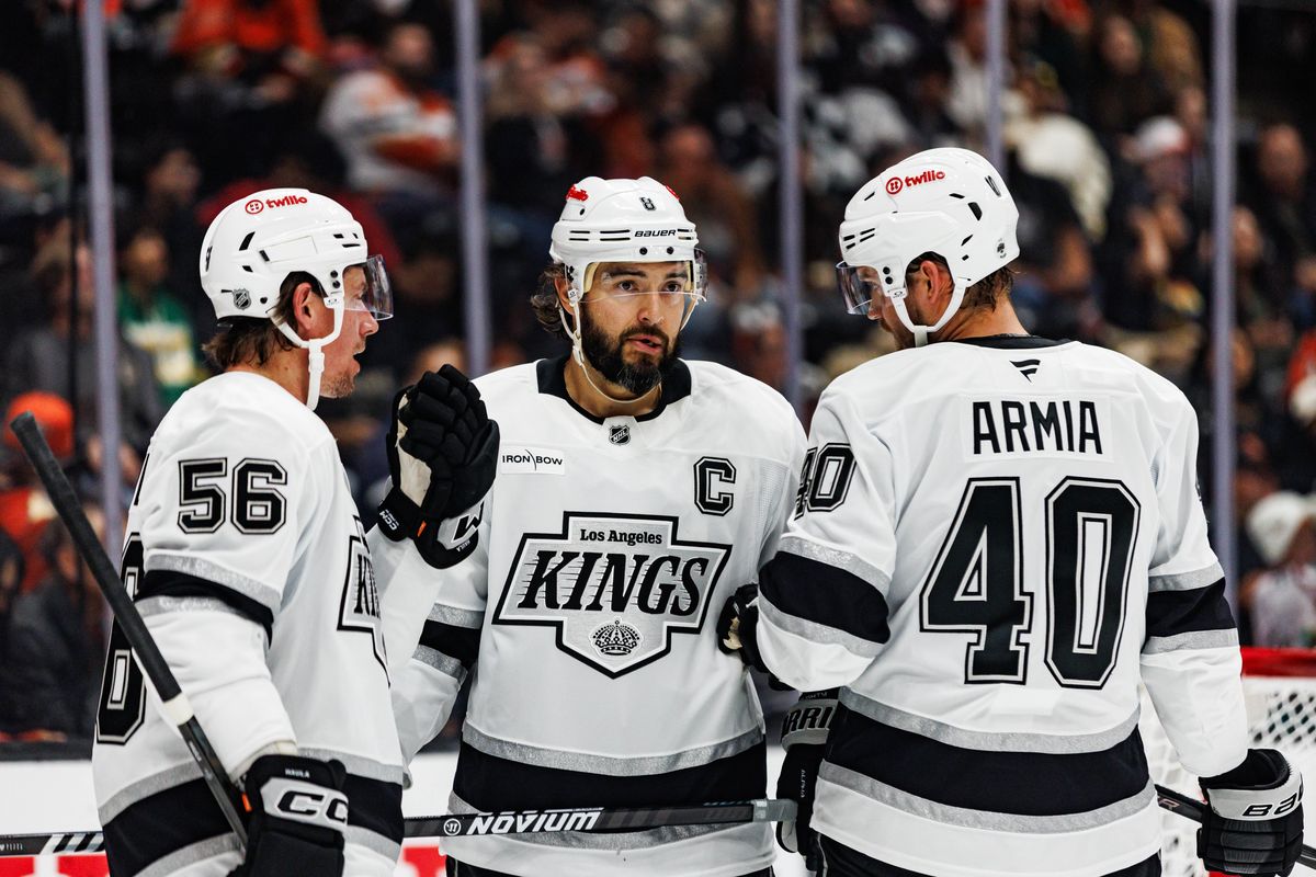 Drew Doughty #8 of the Los Angeles Kings communicates with teammates during an NHL game against the Anaheim Ducks on September 23, 2026 at Honda Center in Anaheim, California. Drew Doughty #8 of the Los Angeles Kings communicates with teammates during an NHL game against the Anaheim Ducks on September 23, 2026 at Honda Center in Anaheim, California.