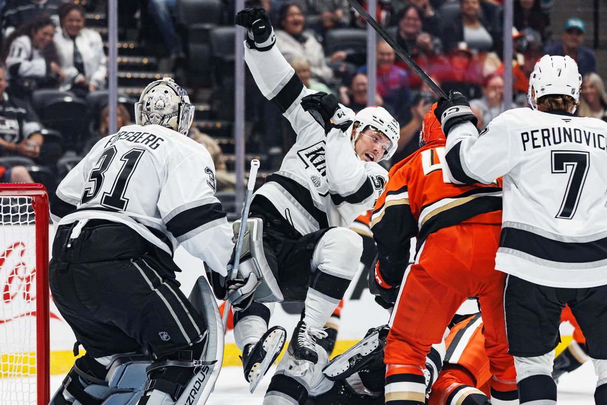 Kenny Connors #34 of the Los Angeles Kings falls during an NHL game against the Anaheim Ducks on September 23, 2026 at Honda Center in Anaheim, California. Kenny Connors #34 of the Los Angeles Kings falls during an NHL game against the Anaheim Ducks on September 23, 2026 at Honda Center in Anaheim, California.