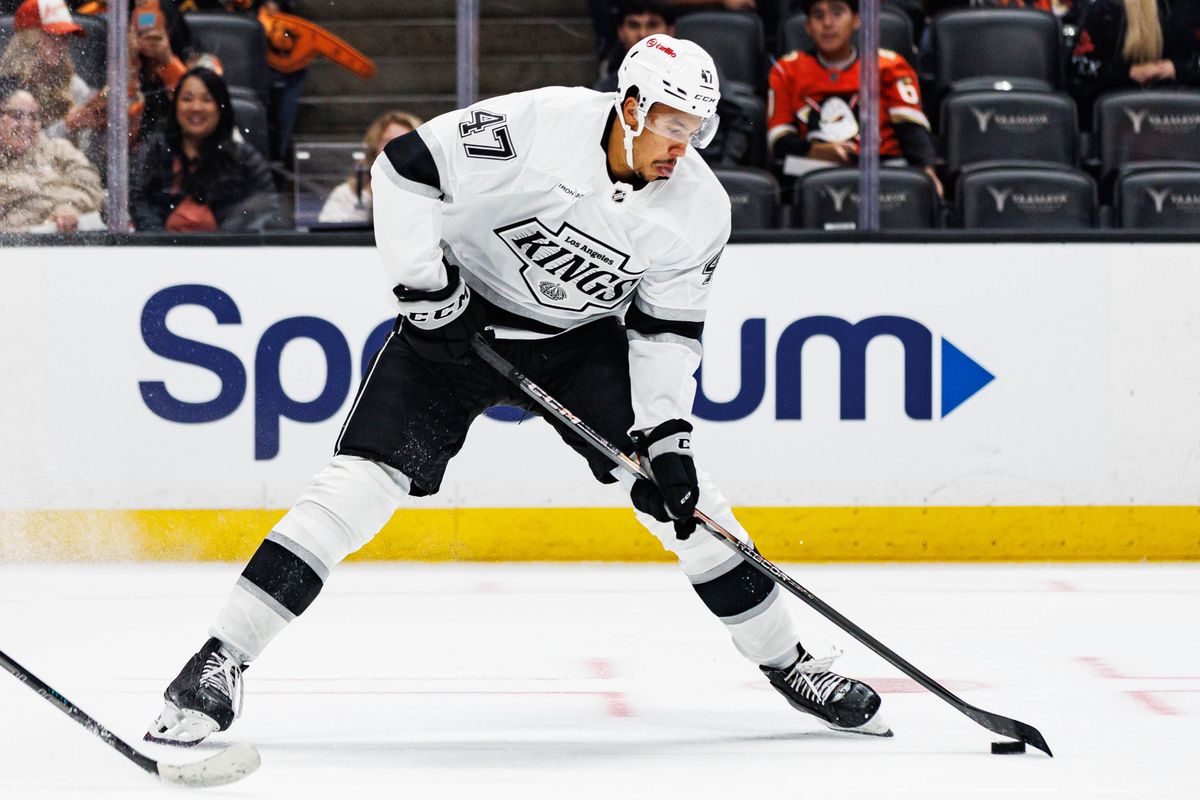 Andre Lee #47 of the Los Angeles Kings looks to shoot the puck during an NHL game against the Anaheim Ducks on September 23, 2026 at Honda Center in Anaheim, California. Andre Lee #47 of the Los Angeles Kings looks to shoot the puck during an NHL game against the Anaheim Ducks on September 23, 2026 at Honda Center in Anaheim, California.