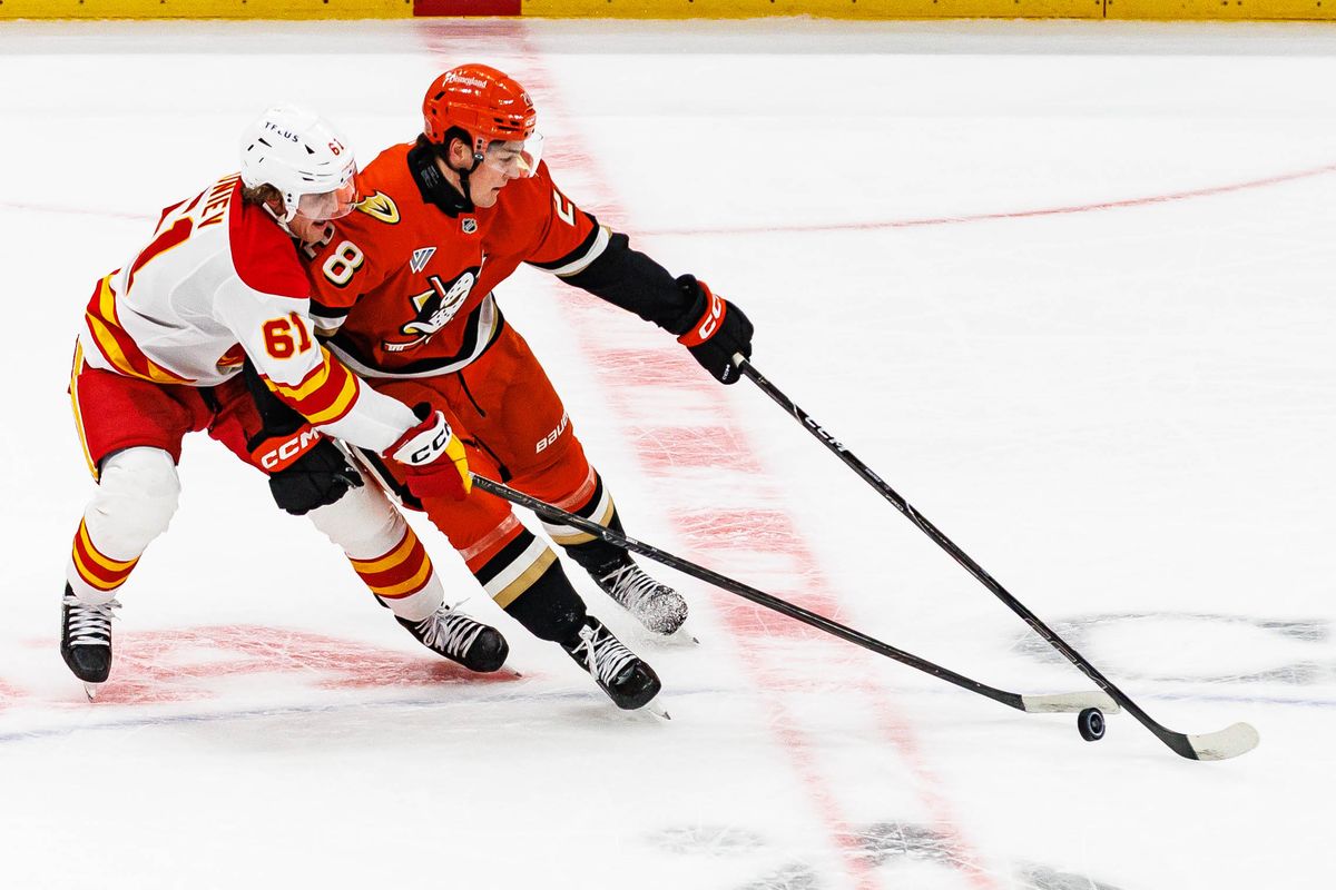 Judd Caulfield #28 of the Anaheim Ducks defends the puck during an NHL game against the Calgary Flames on October 13, 2026 at Honda Center in Anaheim, California. Judd Caulfield #28 of the Anaheim Ducks defends the puck during an NHL game against the Calgary Flames on October 13, 2026 at Honda Center in Anaheim, California.