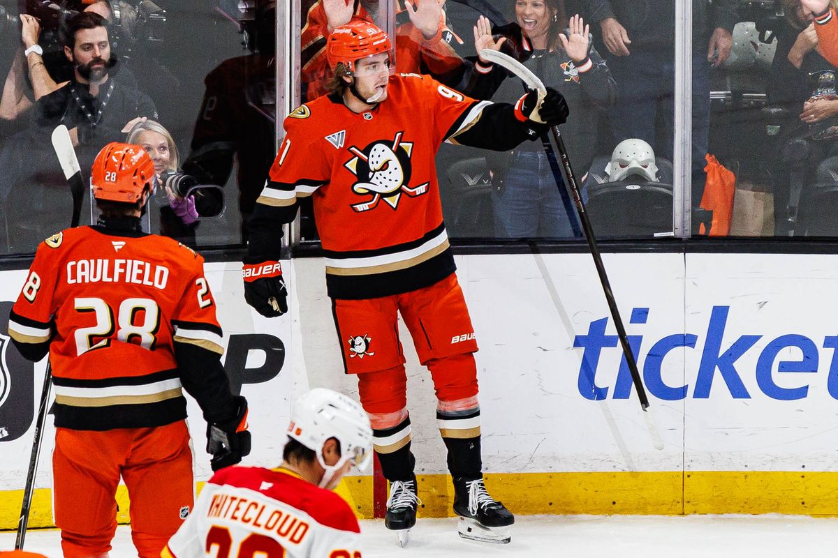 Leo Carlsson #91 of the Anaheim Ducks celebrates after scoring a goal during an NHL game against the Calgary Flames on October 13, 2026 at Honda Center in Anaheim, California. Leo Carlsson #91 of the Anaheim Ducks celebrates after scoring a goal during an NHL game against the Calgary Flames on October 13, 2026 at Honda Center in Anaheim, California.