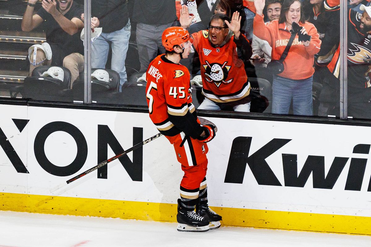 Beckett Sennecke #45 of the Anaheim Ducks celebrates after scoring a goal during an NHL game against the Calgary Flames on October 13, 2026 at Honda Center in Anaheim, California. Beckett Sennecke #45 of the Anaheim Ducks celebrates after scoring a goal during an NHL game against the Calgary Flames on October 13, 2026 at Honda Center in Anaheim, California.