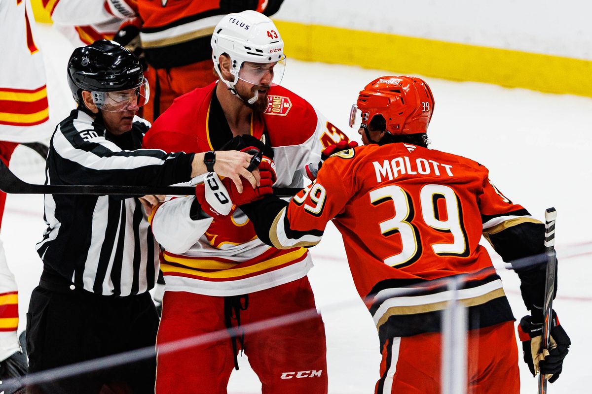 Adam Klapka #43 of the Calgary Flames gets into a fight with Jeff Malott #39 of the Anaheim Ducks during an NHL game against the Anaheim Ducks on October 13, 2026 at Honda Center in Anaheim, California. Adam Klapka #43 of the Calgary Flames gets into a fight with Jeff Malott #39 of the Anaheim Ducks during an NHL game against the Anaheim Ducks on October 13, 2026 at Honda Center in Anaheim, California.