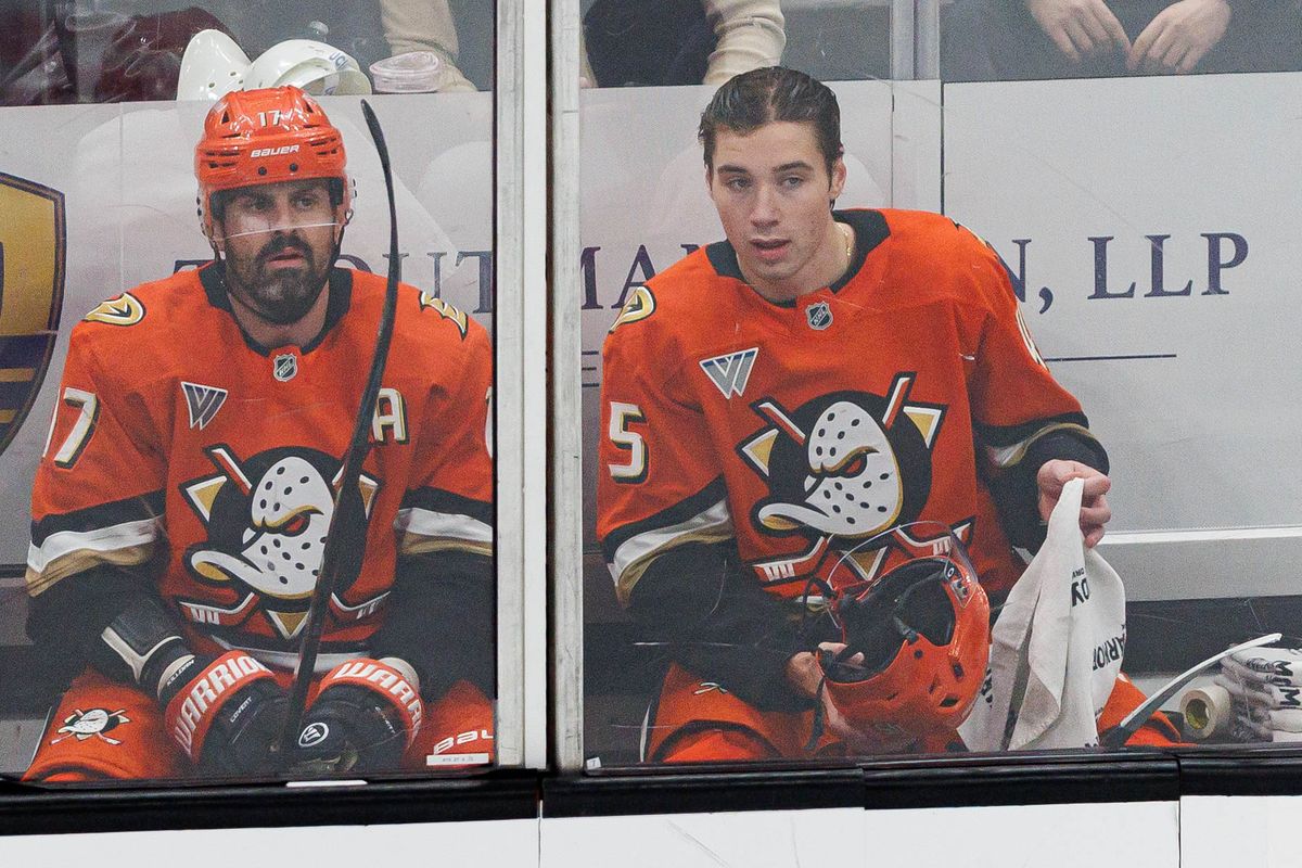 Alex Killorn #17 of the Anaheim Ducks (left) and Beckett Sennecke #45 of the Anaheim Ducks (right) sits together in the penalty box during an NHL game against the Calgary Flames on October 13, 2026 at Honda Center in Anaheim, California. Alex Killorn #17 of the Anaheim Ducks (left) and Beckett Sennecke #45 of the Anaheim Ducks (right) sits together in the penalty box during an NHL game against the Calgary Flames on October 13, 2026 at Honda Center in Anaheim, California.