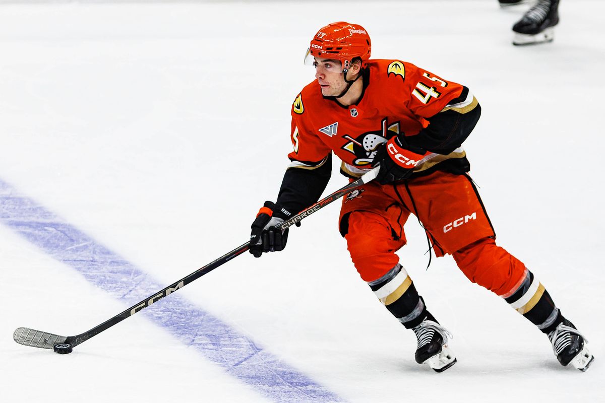 Beckett Sennecke #45 of the Anaheim Ducks skates with the puck during an NHL game against the Calgary Flames on October 13, 2026 at Honda Center in Anaheim, California. Beckett Sennecke #45 of the Anaheim Ducks skates with the puck during an NHL game against the Calgary Flames on October 13, 2026 at Honda Center in Anaheim, California.
