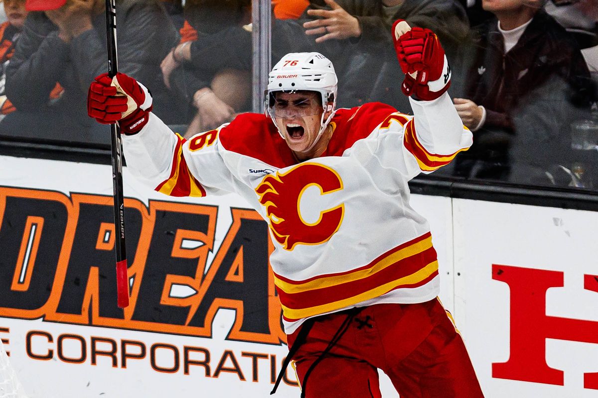 Martin Pospíšil #76 of the Calgary Flames celebrates after scoring a goal during an NHL game against the Anaheim Ducks on October 13, 2026 at Honda Center in Anaheim, California. Martin Pospíšil #76 of the Calgary Flames celebrates after scoring a goal during an NHL game against the Anaheim Ducks on October 13, 2026 at Honda Center in Anaheim, California.