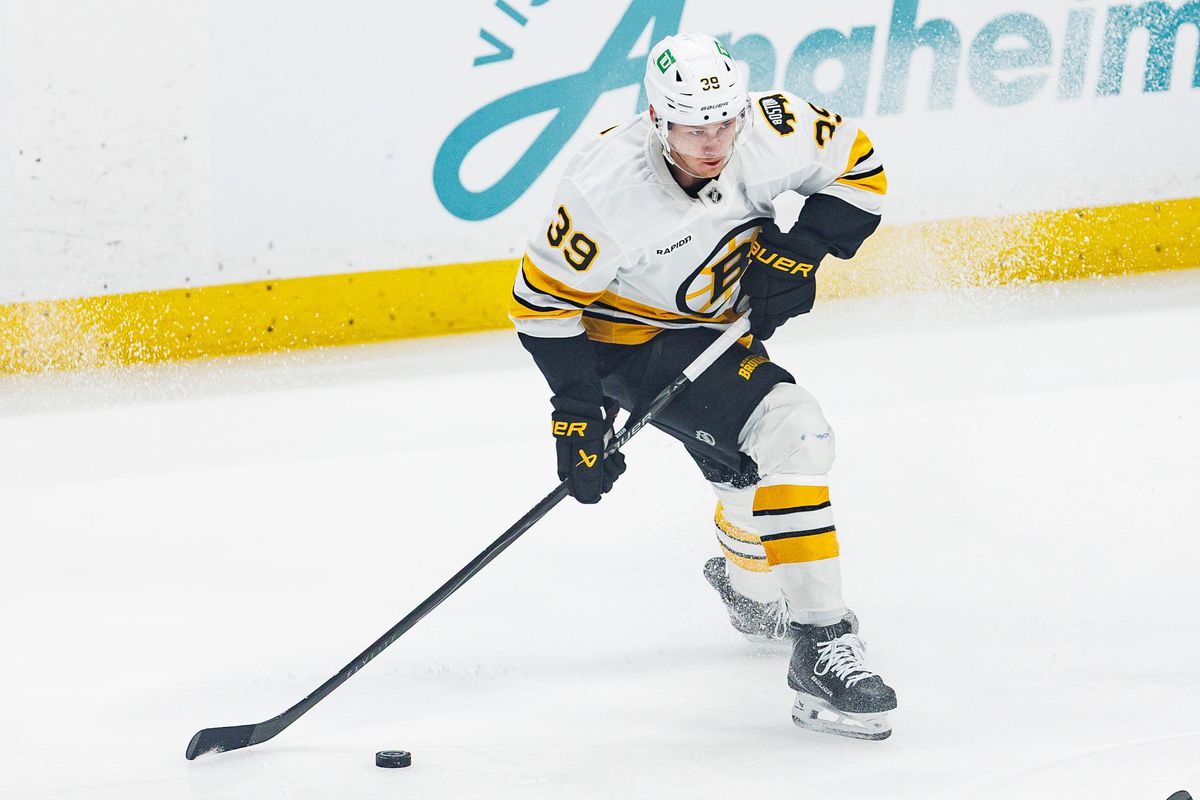 Morgan Geekie #39 of the Boston Bruins skates with the puck during an NHL regular season game against the Anaheim Ducks on October 16, 2026 at Honda Center in Anaheim, California. Morgan Geekie #39 of the Boston Bruins skates with the puck during an NHL regular season game against the Anaheim Ducks on October 16, 2026 at Honda Center in Anaheim, California.