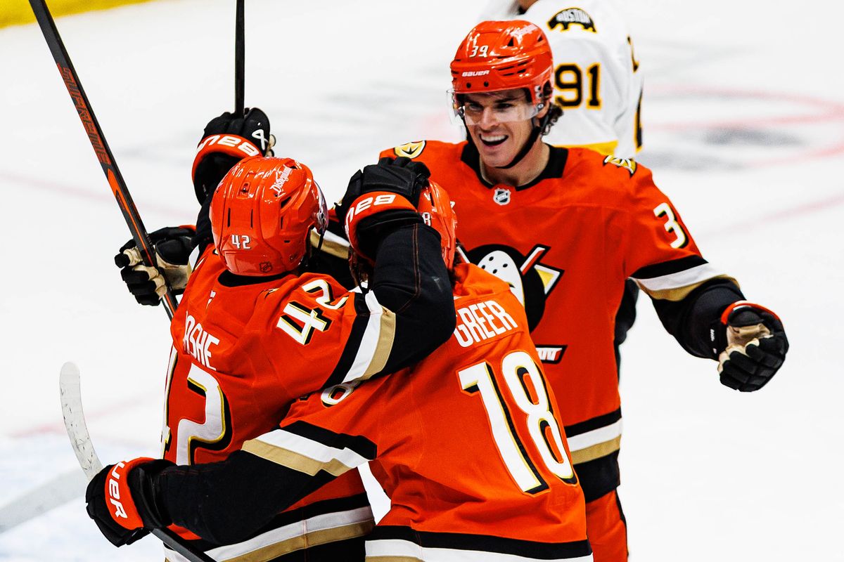 Tim Washe #42 of the Anaheim Ducks celebrates with AJ Greer #18 of the Anaheim Ducks and Jeff Malot #39 of the Anaheim Ducks after scoring a goal during an NHL regular season game against the Boston Bruins on October 16, 2026 at Honda Center in Anaheim, California. Tim Washe #42 of the Anaheim Ducks celebrates with AJ Greer #18 of the Anaheim Ducks and Jeff Malot #39 of the Anaheim Ducks after scoring a goal during an NHL regular season game against the Boston Bruins on October 16, 2026 at Honda Center in Anaheim, California.