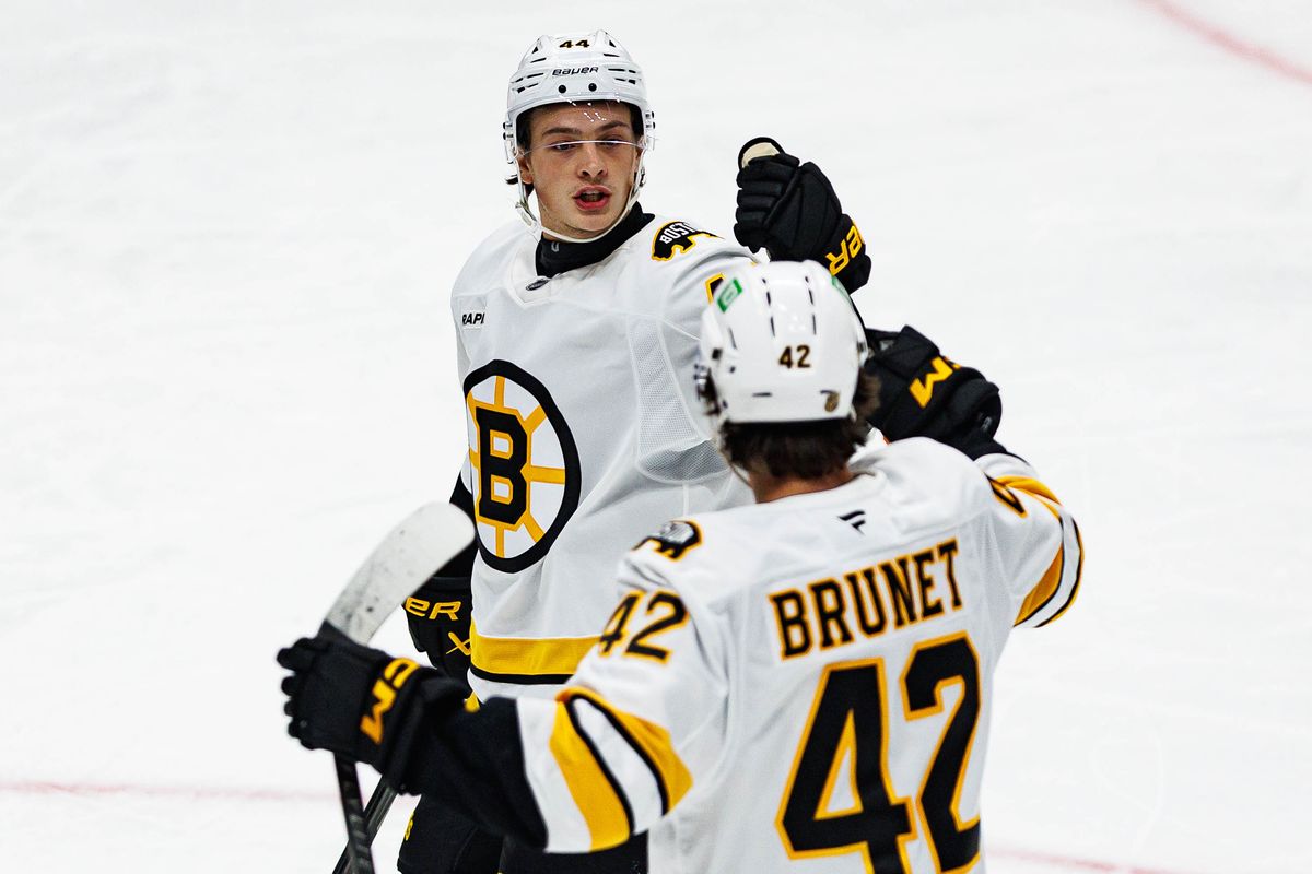 Frederic Brunet #42 of the Boston Bruins celebrates with James Hagens #44 of the Boston Bruins after scoring a goal during an NHL regular season game against the Anaheim Ducks on October 16, 2026 at Honda Center in Anaheim, California. Frederic Brunet #42 of the Boston Bruins celebrates with James Hagens #44 of the Boston Bruins after scoring a goal during an NHL regular season game against the Anaheim Ducks on October 16, 2026 at Honda Center in Anaheim, California.