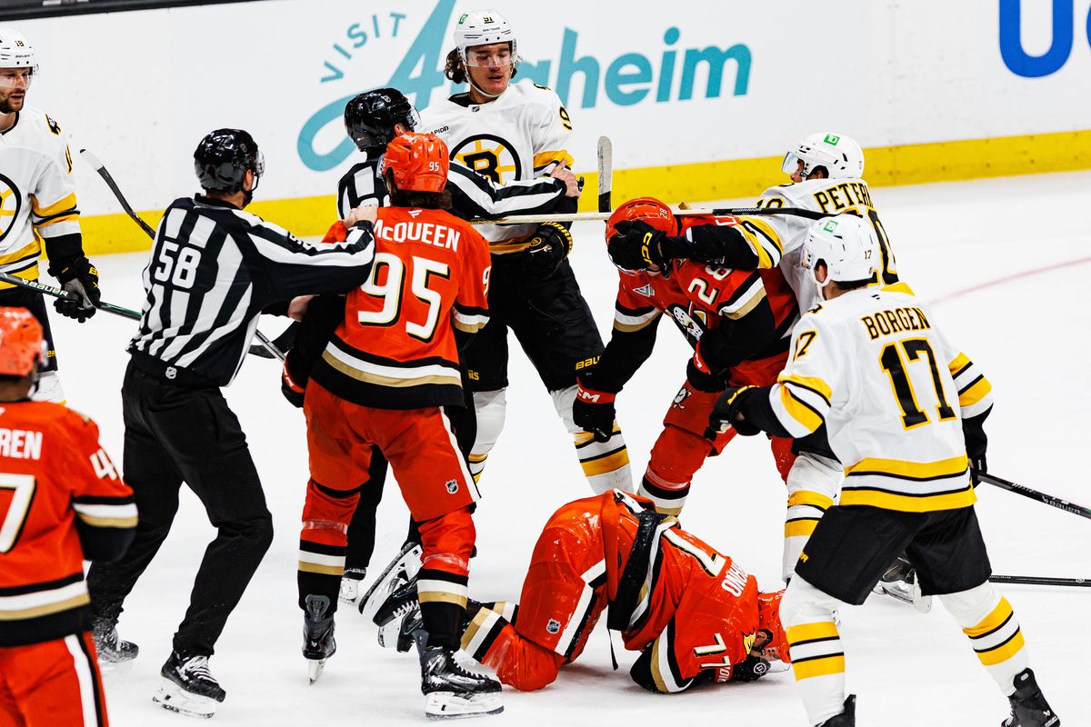 Nikita Zadorov #91 of the Boston Bruins knocks down Frank Vatrano #77 of the Anaheim Ducks during an NHL regular season game against the Anaheim Ducks on October 16, 2026 at Honda Center in Anaheim, California. Nikita Zadorov #91 of the Boston Bruins knocks down Frank Vatrano #77 of the Anaheim Ducks during an NHL regular season game against the Anaheim Ducks on October 16, 2026 at Honda Center in Anaheim, California.