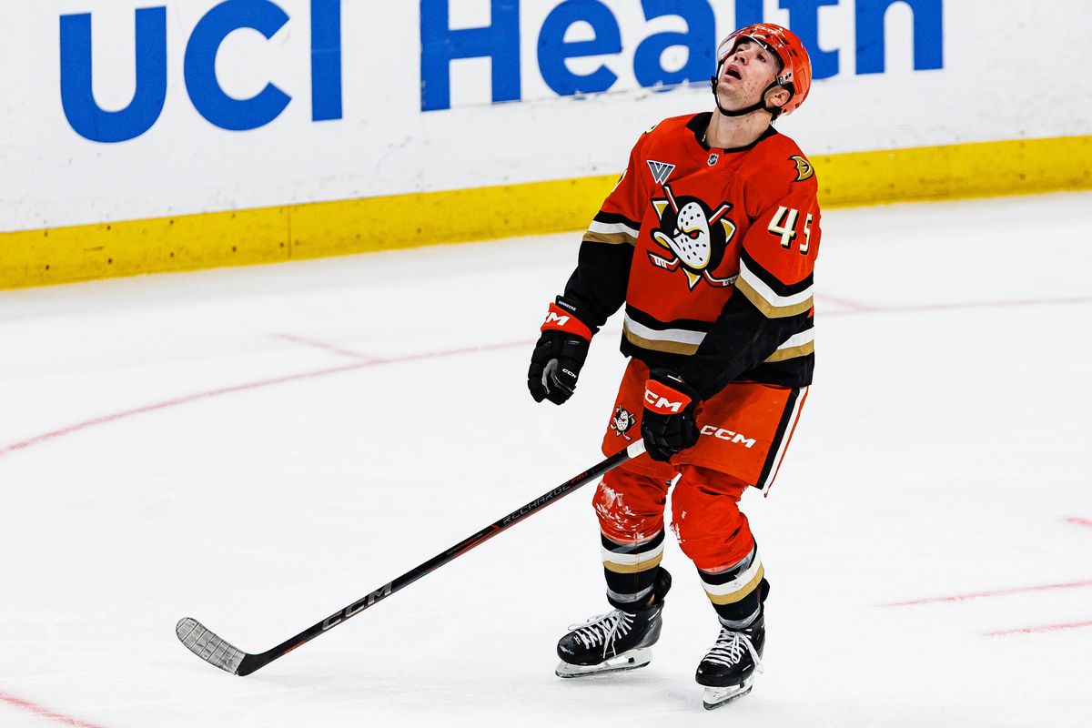 Beckett Sennecke #45 of the Anaheim Ducks reacts after a missed goal attempt during an NHL regular season game against the Boston Bruins on October 16, 2026 at Honda Center in Anaheim, California. Beckett Sennecke #45 of the Anaheim Ducks reacts after a missed goal attempt during an NHL regular season game against the Boston Bruins on October 16, 2026 at Honda Center in Anaheim, California.