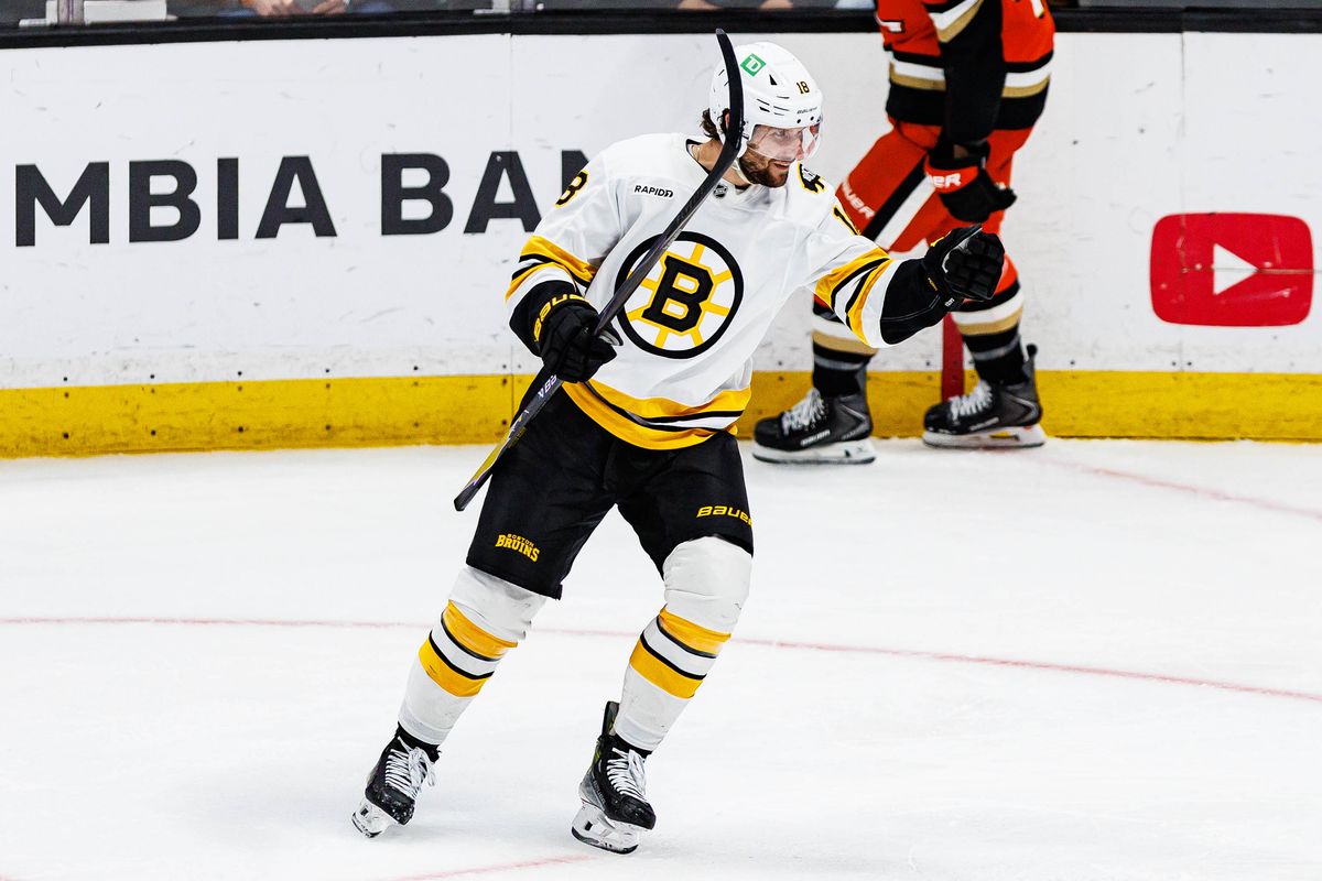 Pavel Zacha #18 of the Boston Bruins reacts after giving an assist during an NHL regular season game against the Anaheim Ducks on October 16, 2026 at Honda Center in Anaheim, California. Pavel Zacha #18 of the Boston Bruins reacts after giving an assist during an NHL regular season game against the Anaheim Ducks on October 16, 2026 at Honda Center in Anaheim, California.