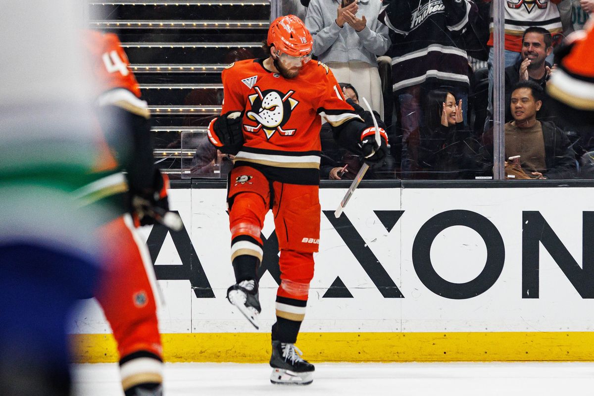 AJ Greer #18 of the Anaheim Ducks celebrates after scoring a goal during an NHL regular season game against the Vancouver Canucks on October 27, 2026 at Honda Center in Anaheim, California.