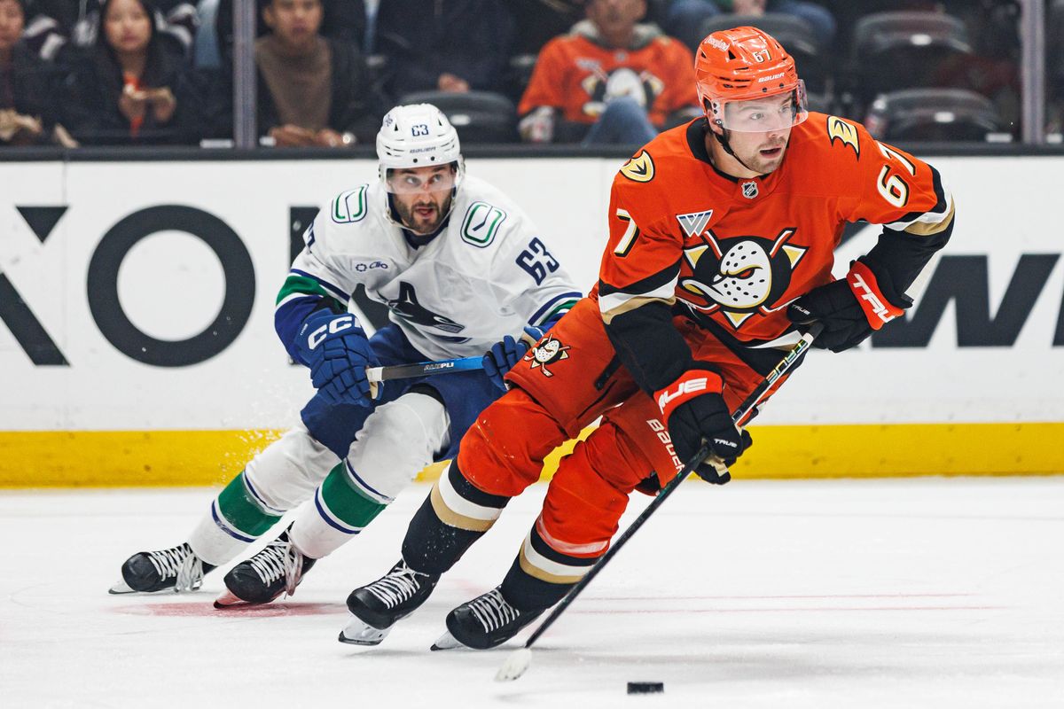 Tristan Luneau #67 of the Anaheim Ducks skates with the puck during an NHL regular season game against the Vancouver Canucks on October 27, 2026 at Honda Center in Anaheim, California.
