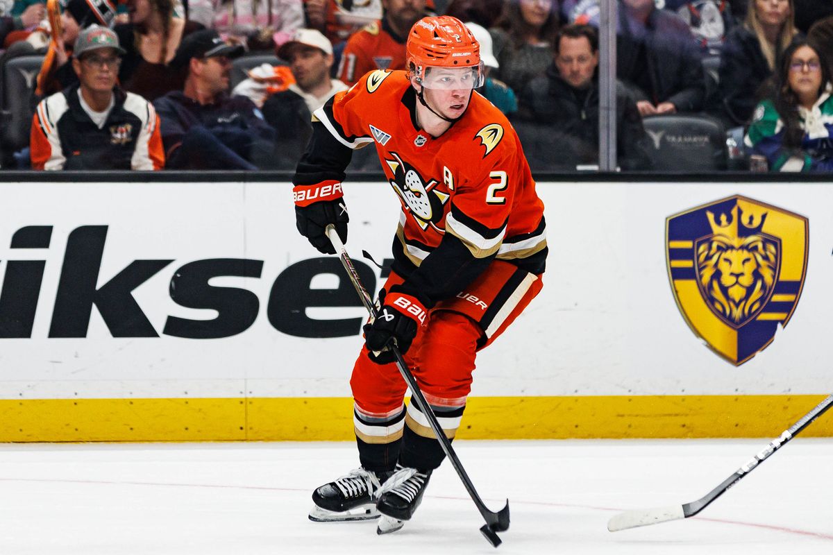 Jackson LaCombe #2 of the Anaheim Ducks skates with the puck during an NHL regular season game against the Vancouver Canucks on October 27, 2026 at Honda Center in Anaheim, California.